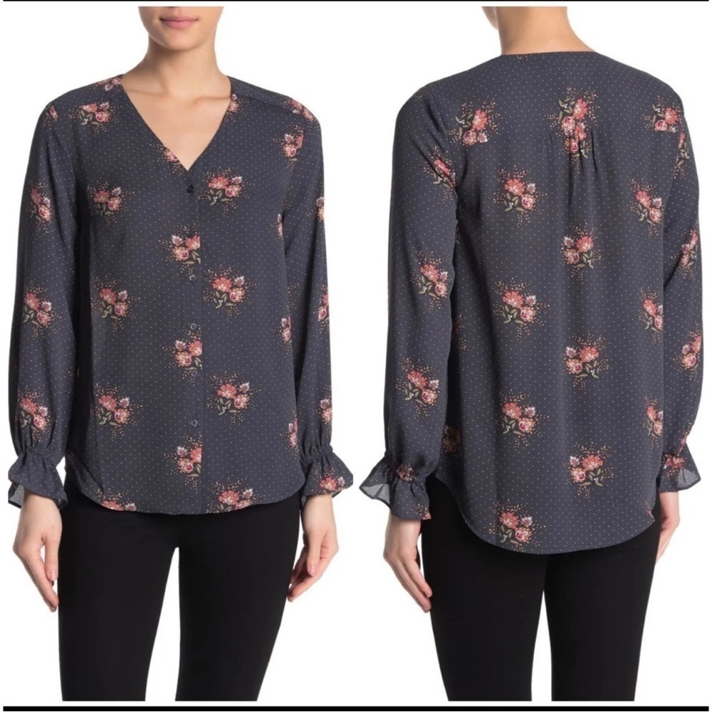 LOFT Sz S Gray Pink Floral Print Polka Dot Peasant Blouse Top Womens